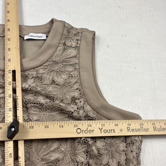 Calvin Klein Lace Ruched Sheath Dress Beige Back Zip Sleeveless Work Size 10 - Picture 6 of 10